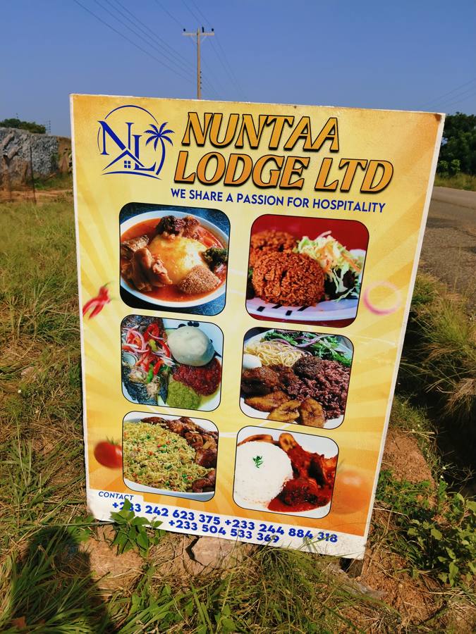 Nuntaa Lodge menu board showing fufu, jollof, banku, waakye and fried rice
